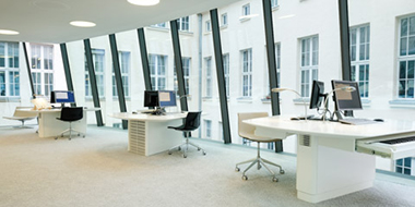 Workstations with keyboards, headphones, music stands and monitors in the music reading room  Workstations with keyboards, headphones, music stands and monitors in the music reading room
