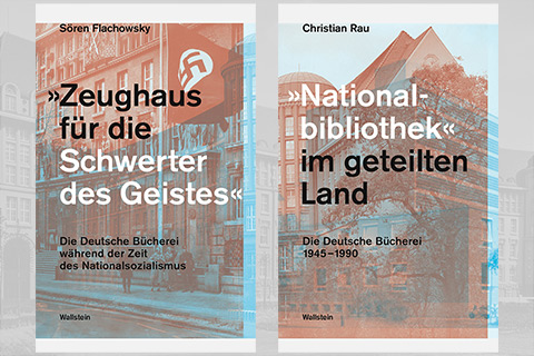 Book covers of the two publications; historic black-and-white photographs of the Deutsche Bücherei as background images for the two book covers